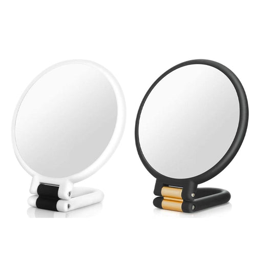Handheld magnifying mirrors, white and black oval frame with foldable stand bases