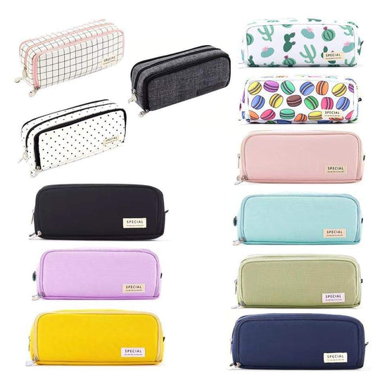 Assorted zip pencil cases with solid and patterned designs, including black, pink, and white
