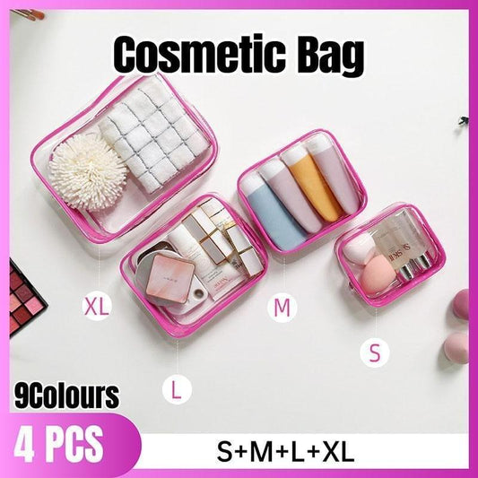 4-pc pink clear cosmetic pouches with zip closures, sizes S/M/L/XL shown
