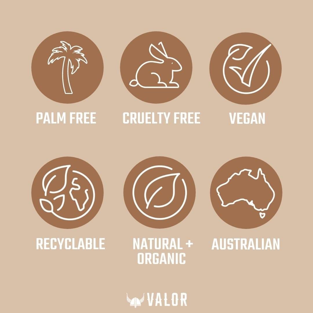 Valor eco icons: palm-free, cruelty-free, vegan, recyclable, natural + organic