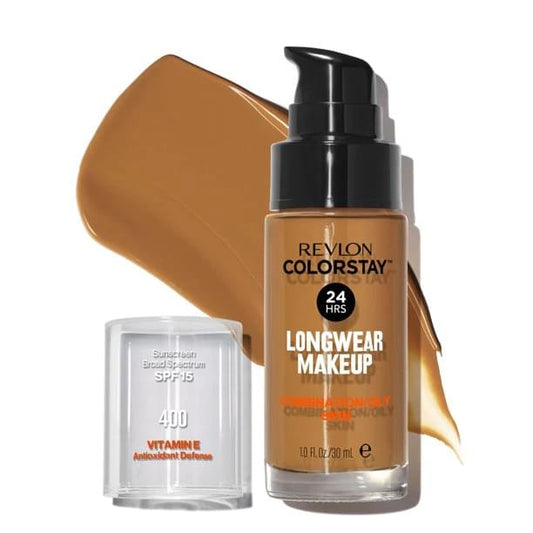 Longwear makeup foundation bottle with pump, caramel shade, and SPF 15 vitamin E container