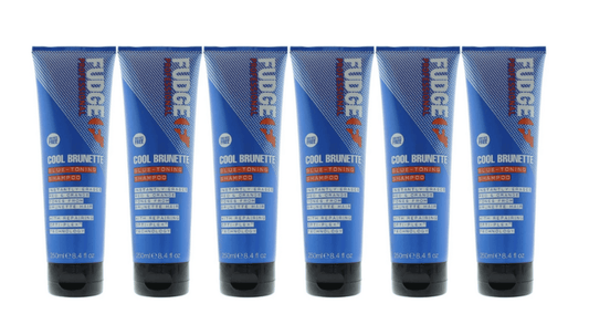 Blue toning shampoo tubes with Cool Brunette label visible (6-pack), black caps