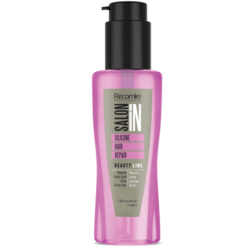 Silicone beauty line hair repair anti-frizz bottle, pink with pump and label