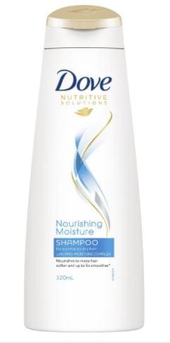 Dove Nourishing Moisture shampoo bottle, front label view, 320 mL