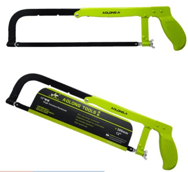 Green Aolong metal hacksaw frame with tension lever and blade, handle grip