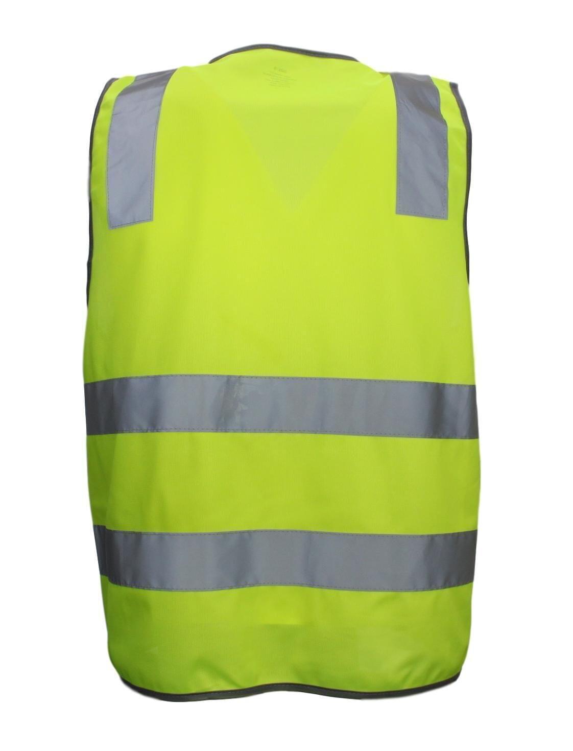 Yellow hi-vis safety vest back panel with reflective stripes
