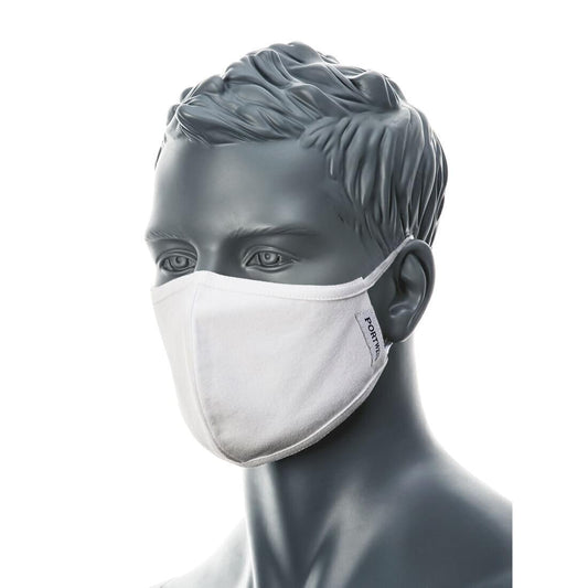 White cotton face mask with ear loops, angled on mannequin head