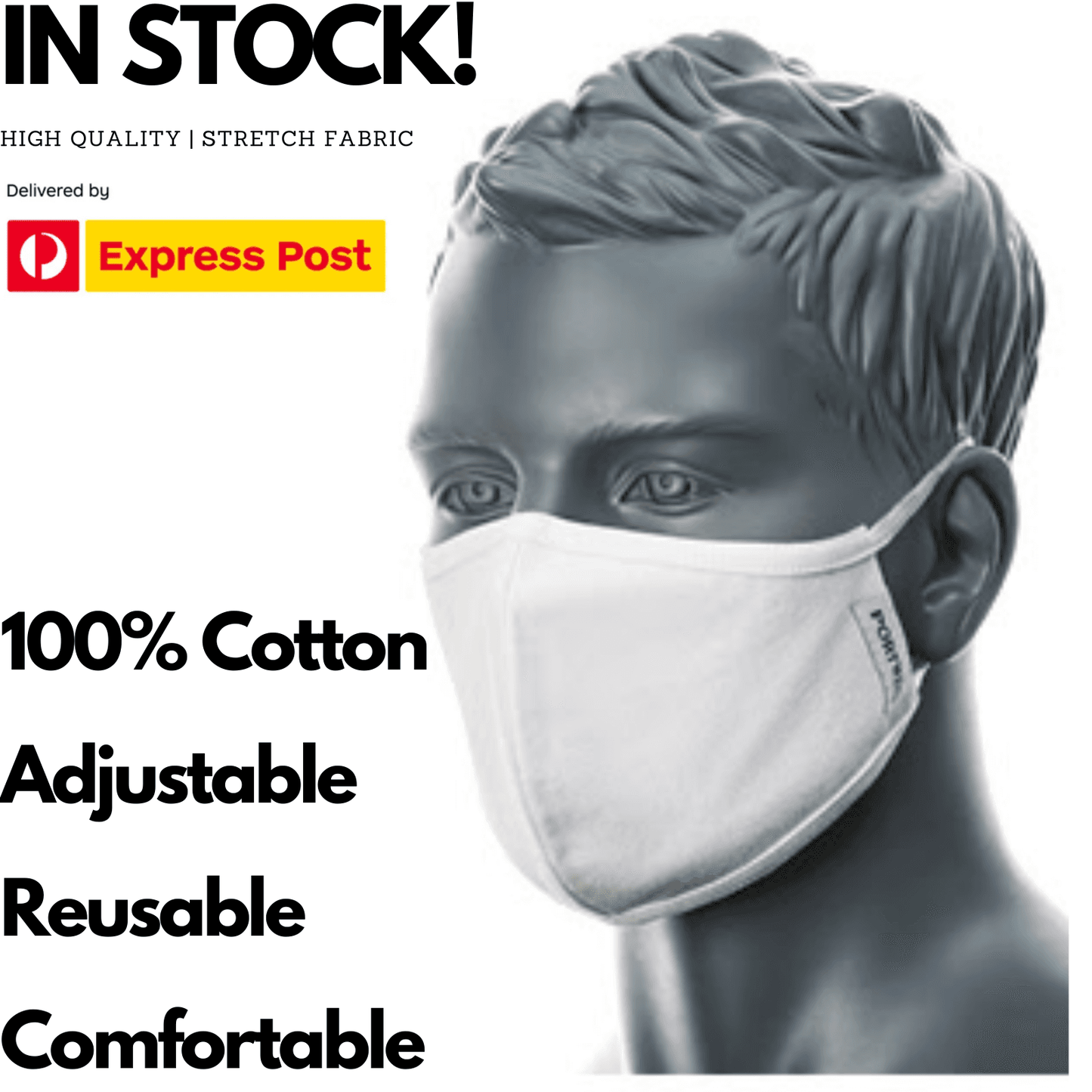 White cotton face mask with ear loops and stitched nose area, on mannequin