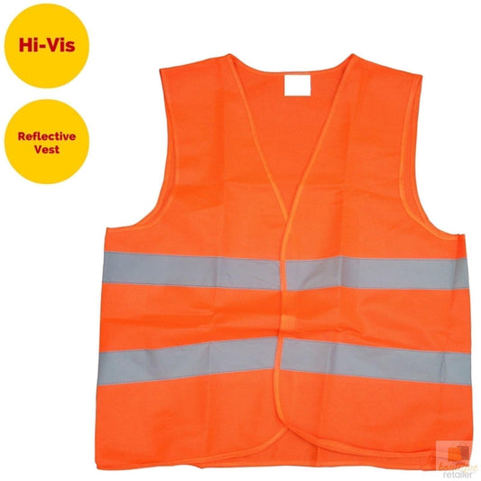 Orange reflective safety vest, sleeveless V-neck, two wide gray tape bands