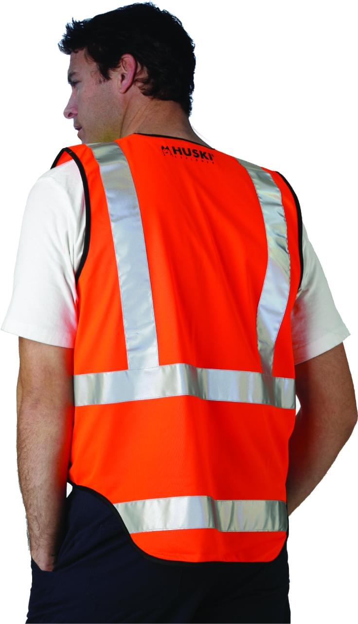 Orange hi-vis vest worn by a person with reflective silver bands across the back