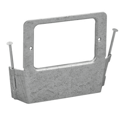 Gray metal mounting bracket for wall switches, rectangular opening and two screw nails