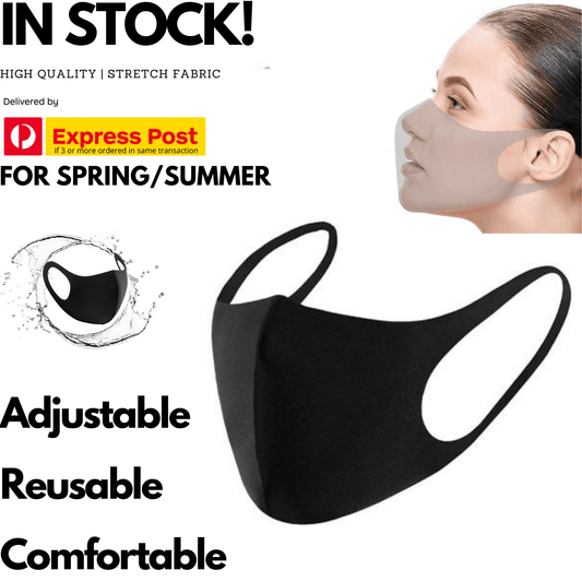 Black reusable face mask shown from side profile with two ear loops.