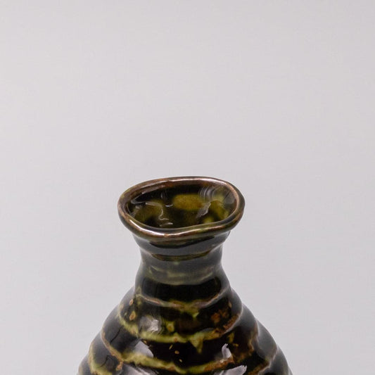 Sake jug with wide mouth; dark ceramic glazed in sage green and golden bands