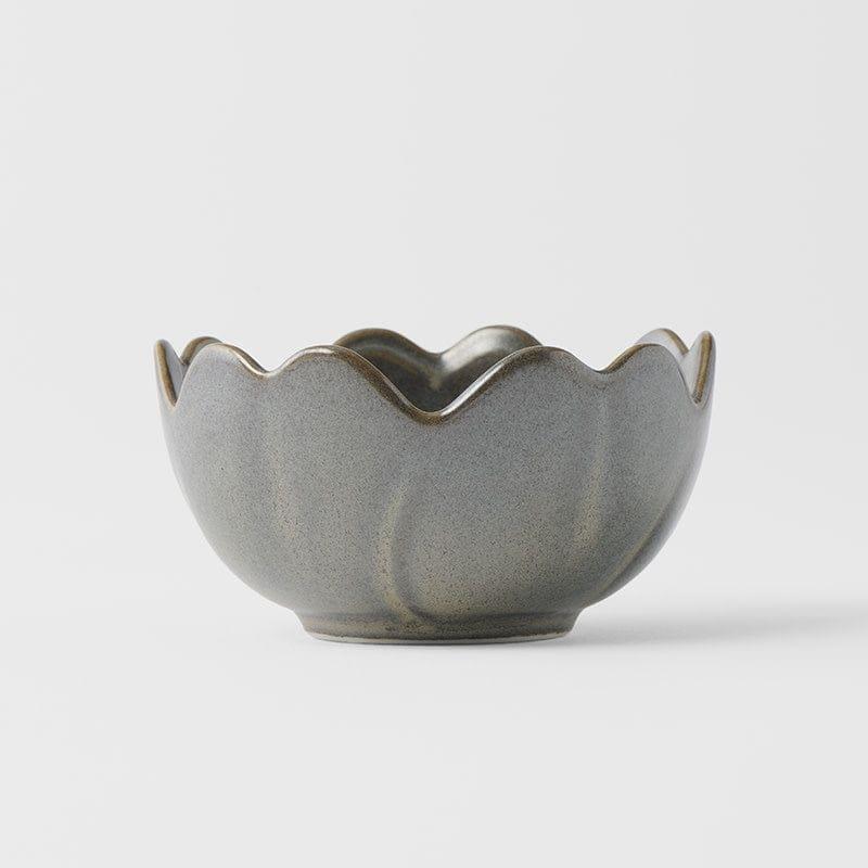 Sauce dish bowl with scalloped edges, dark gray mist glaze, shallow dish form.
