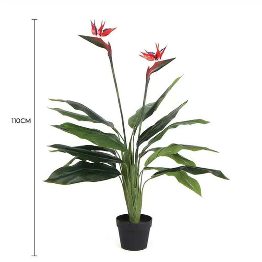 Artificial bird-of-paradise plant, 110cm tall, red flowers in black pot