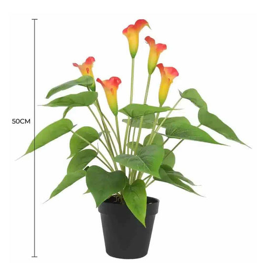 Artificial calla lily plant with orange-red and yellow blooms, green leaves, 50cm tall