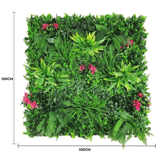Vertical garden panel with dense green leaves and pink blossoms, square size