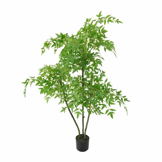 Artificial Nandina tree with dense green foliage and multiple stems in black pot