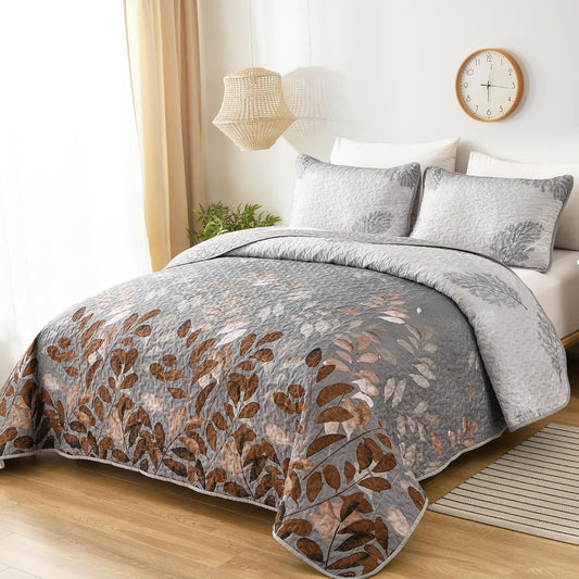 Grey bedspread set with rust leaf floral print and textured grey pillow covers