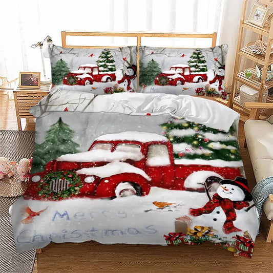 Queen duvet cover set showing red Christmas vehicles, pine trees, and snowman