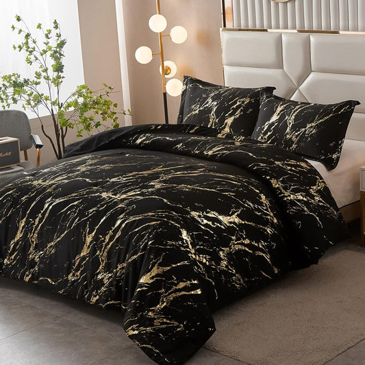 King comforter set with black bedding and gold metallic marble foil print, matching pillows