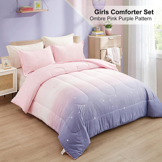 King comforter set with ombre pink-to-lavender duvet and two pillows