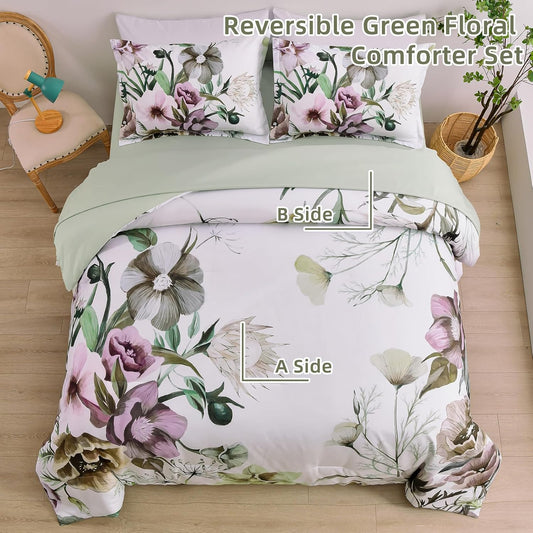 King floral comforter set with white duvet and matching pillowcases in mixed flower print
