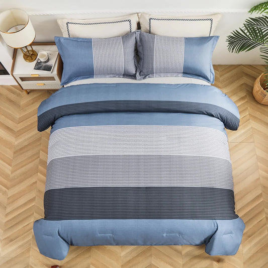 Blue and gray striped comforter with matching pillow shams