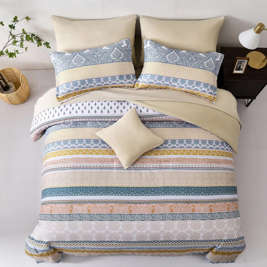 Boho comforter set with striped duvet, cream star pillow, and two blue patterned shams