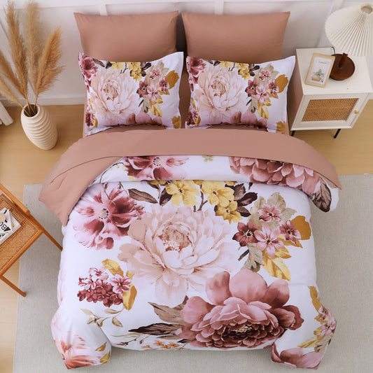 Floral comforter set with two square pillowcases, pink and yellow blossoms