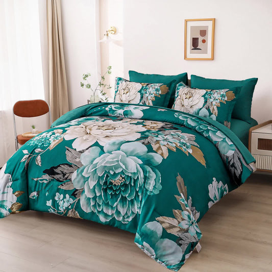 Teal floral comforter set with matching pillow shams, full-bed view