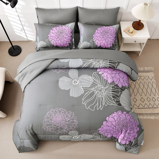 Grey comforter set with purple flower prints and two matching pillows