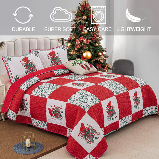 Red and white patchwork quilt with bird-and-flower prints and matching pillow covers