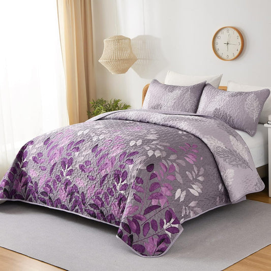 Patchwork plaid bedspread and pillow covers set, lavender and gray floral leaf quilt