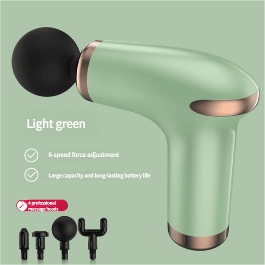 Light green handheld massage gun with black round head and metallic collar