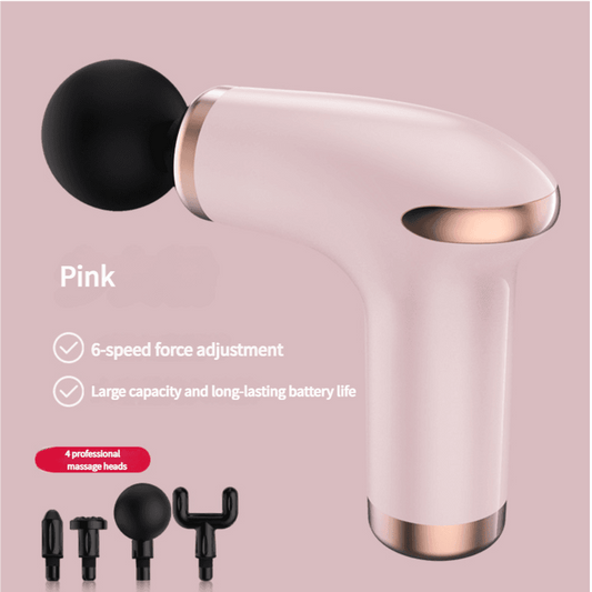 Pink massage gun with black round head and four interchangeable attachment heads.