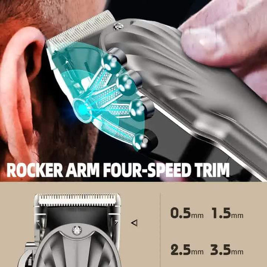 Silver hair trimmer with blue LED cutting light and guard comb
