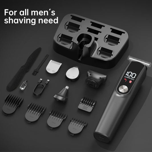 Hair clipper set with dark handheld trimmer, assorted comb guards, cutters, and tools