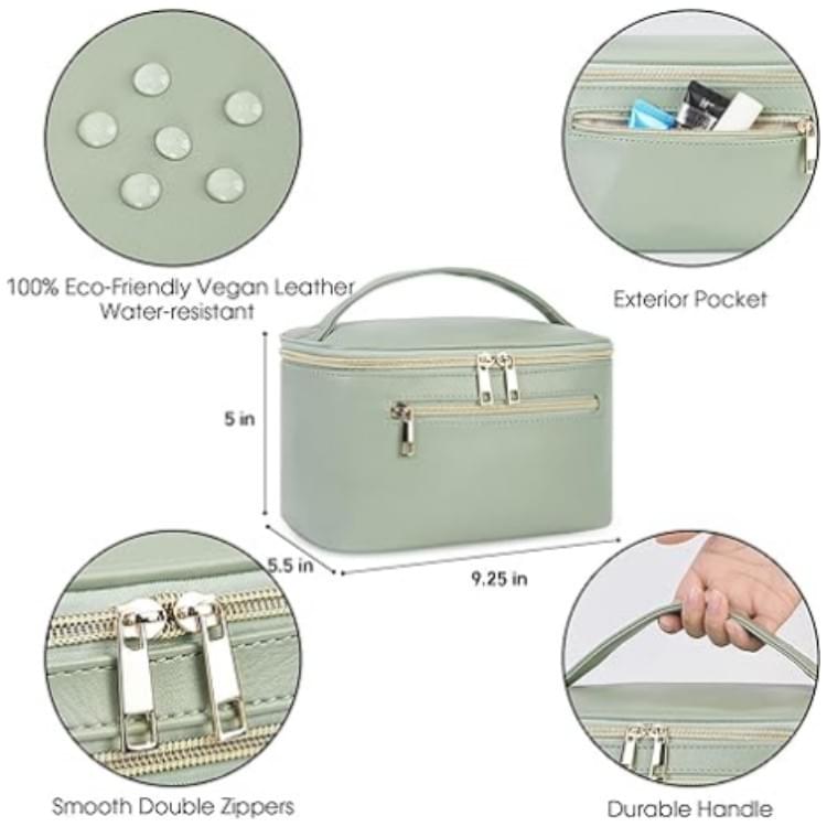 Green PU leather large makeup bag with top handle and double zipper closure
