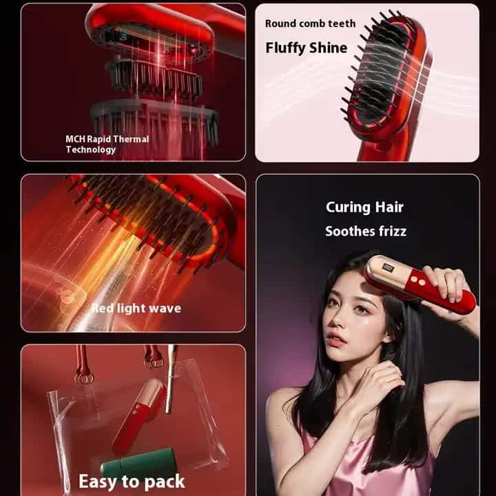 Red mini ionic hair straightening comb with oval massage head and toothed plate