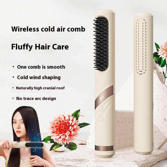 Cream cordless cold-air hair comb straightener with vented barrel and bristles