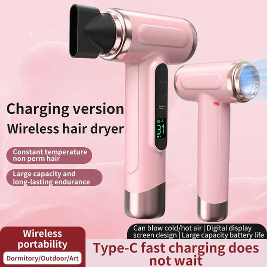 Pink wireless hair dryer with black rear vent and blue-lit digital display screen.