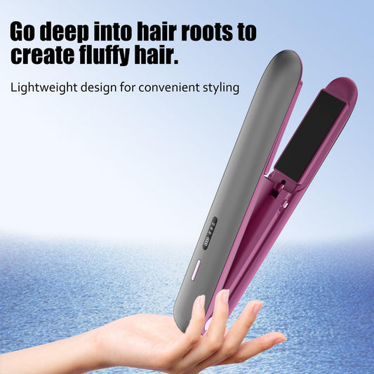 Portable hair straightener and curler with slim body, black barrel and magenta hot plate