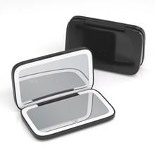 Foldable LED makeup mirror with dark case open to white reflective surface