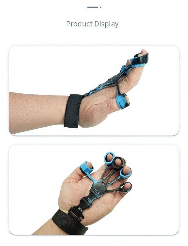 Hand finger exerciser with wrist strap shown in two product views
