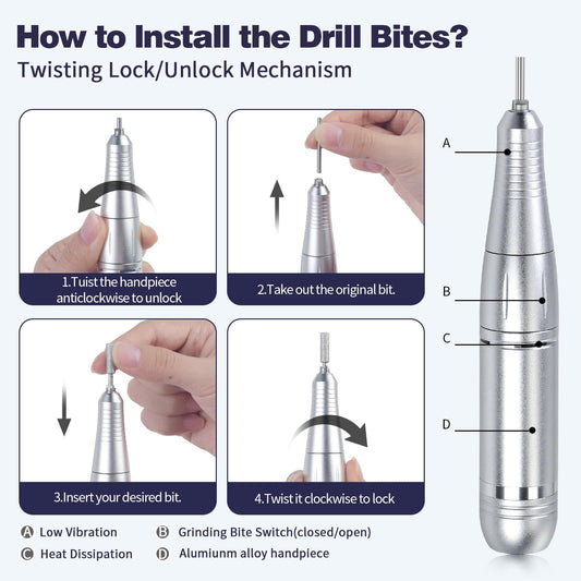 Silver electric nail drill handpiece showing twisting lock mechanism for drill bits