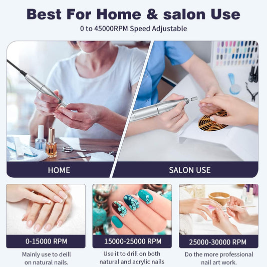 Portable electric nail drill used on nails with mounted drill handpiece and bits