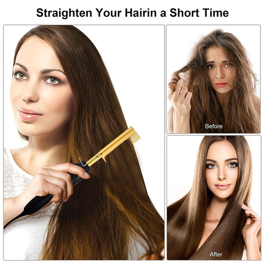 Hair straightening hot comb tool with yellow comb head and black handle
