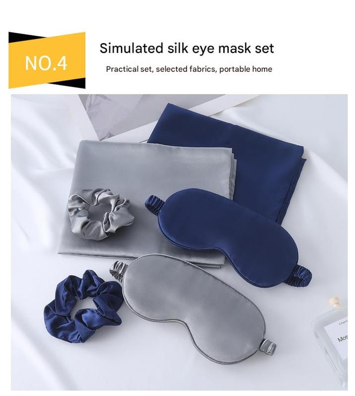 Satin sleep mask set with gray and navy eye masks and matching hair scrunchies
