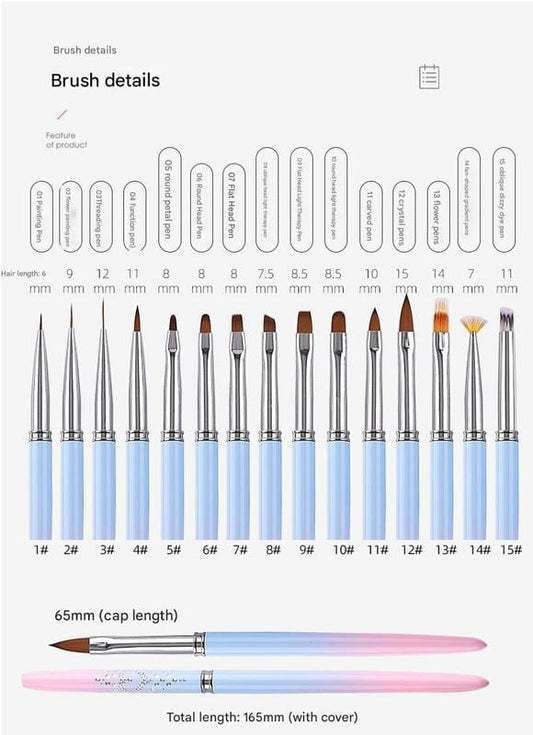 Nail art brush kit with 15 fine brushes, gradient pink and blue handles, metal ferrules